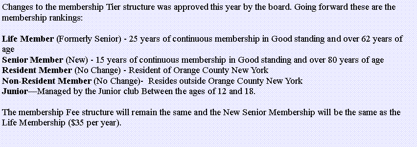 Text Box: Changes to the membership Tier structure was approved this year by the board. Going forward these are the membership rankings:Life Member (Formerly Senior) - 25 years of continuous membership in Good standing and over 65 years of ageSenior Member (New) - 15 years of continuous membership in Good standing and over 80 years of ageResident Member (No Change) - Resident of Orange County New YorkNon-Resident Member (No Change)-  Resides outside Orange County New YorkJuniorManaged by the Junior club Between the ages of 12 and 18.The membership Fee structure will remain the same and the New Senior Membership will be the same as the Life Membership ($35 per year).